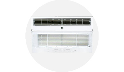 GE Appliances Wall Air Conditioner product isolated on top of a light grey circle